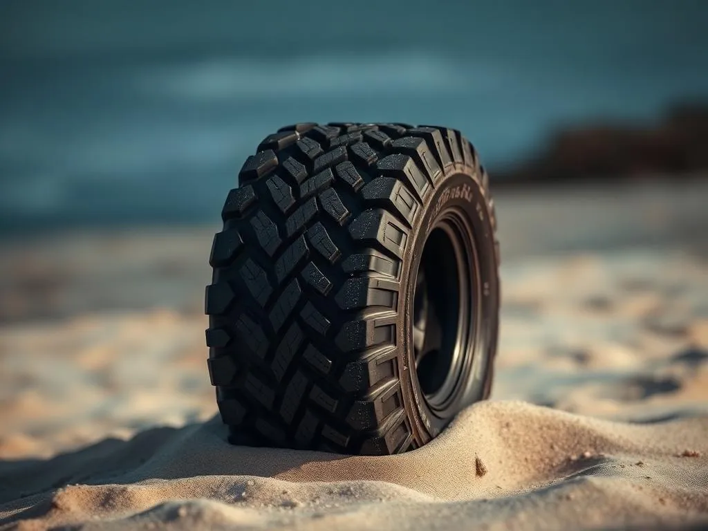 All-terrain tire deflated for sand driving on Carova Beach