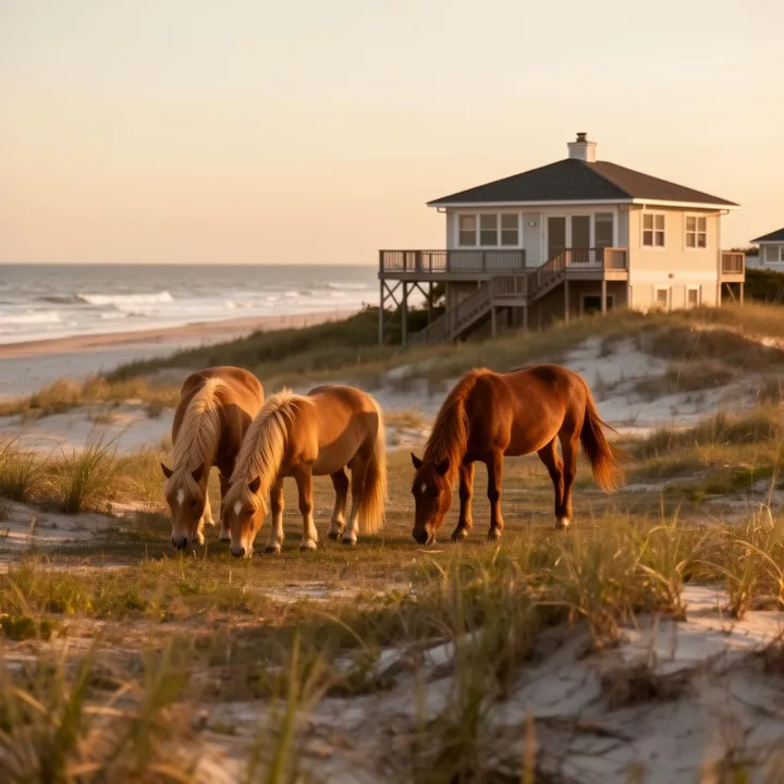Wild Colonial Spanish Mustangs grazing near a beach house in Carova Beach